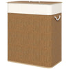 Double Laundry Basket With Lid, 26.4 Gallon Bamboo Laundry Hamper With Rope Handles And Removable Liner, Brown